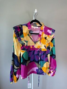 Meet Me in Santorini Multicolor Ruffle-Trim Printed Blouse - Large NWOT